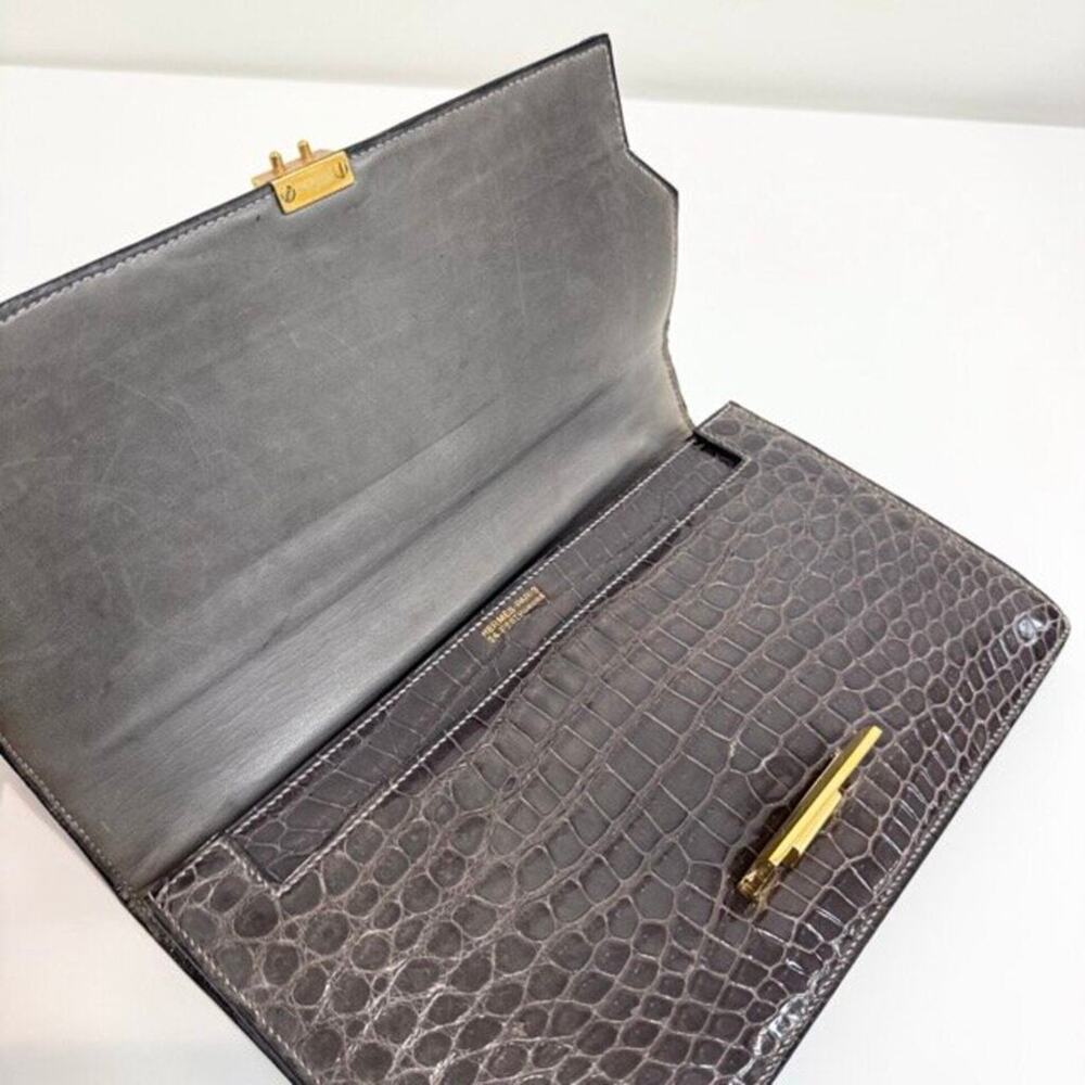 HERMES Vintage Gray Crocodile Shoulder Bag Gold Hardware Exotic Leather Handbag - Picture 7 of 10